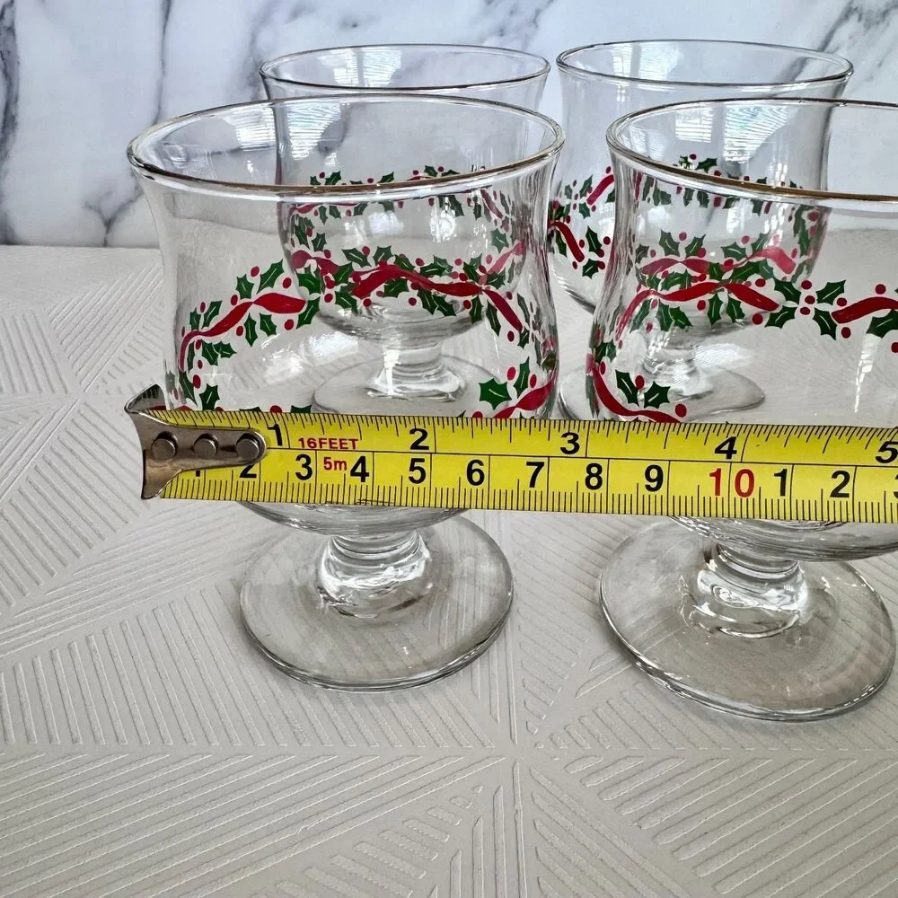 Vintage Libbey Holly Berry Red Ribbon Christmas Dessert Glass Goblet Set of 4
